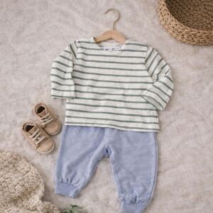 Zara Baby Neutral Outfit Set 6-9M| Striped Top &Blue Joggers |Minimal Baby Style